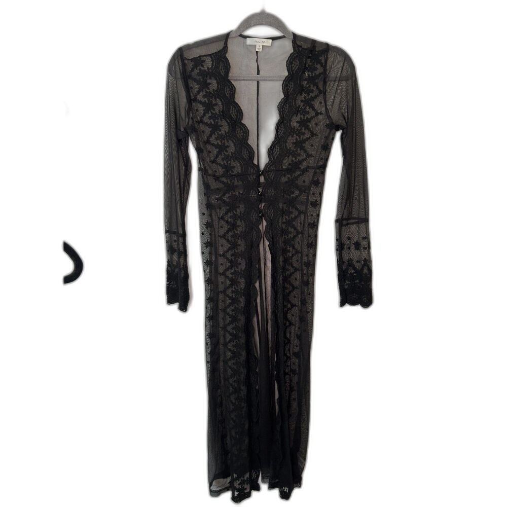 Black Sheer Embroidered Lace Maxi Duster Whimsygoth Button Front Robe Coverup